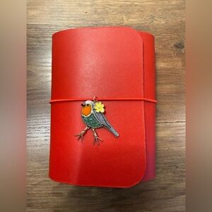 Passport size Red Real Leather Journal with bird charm